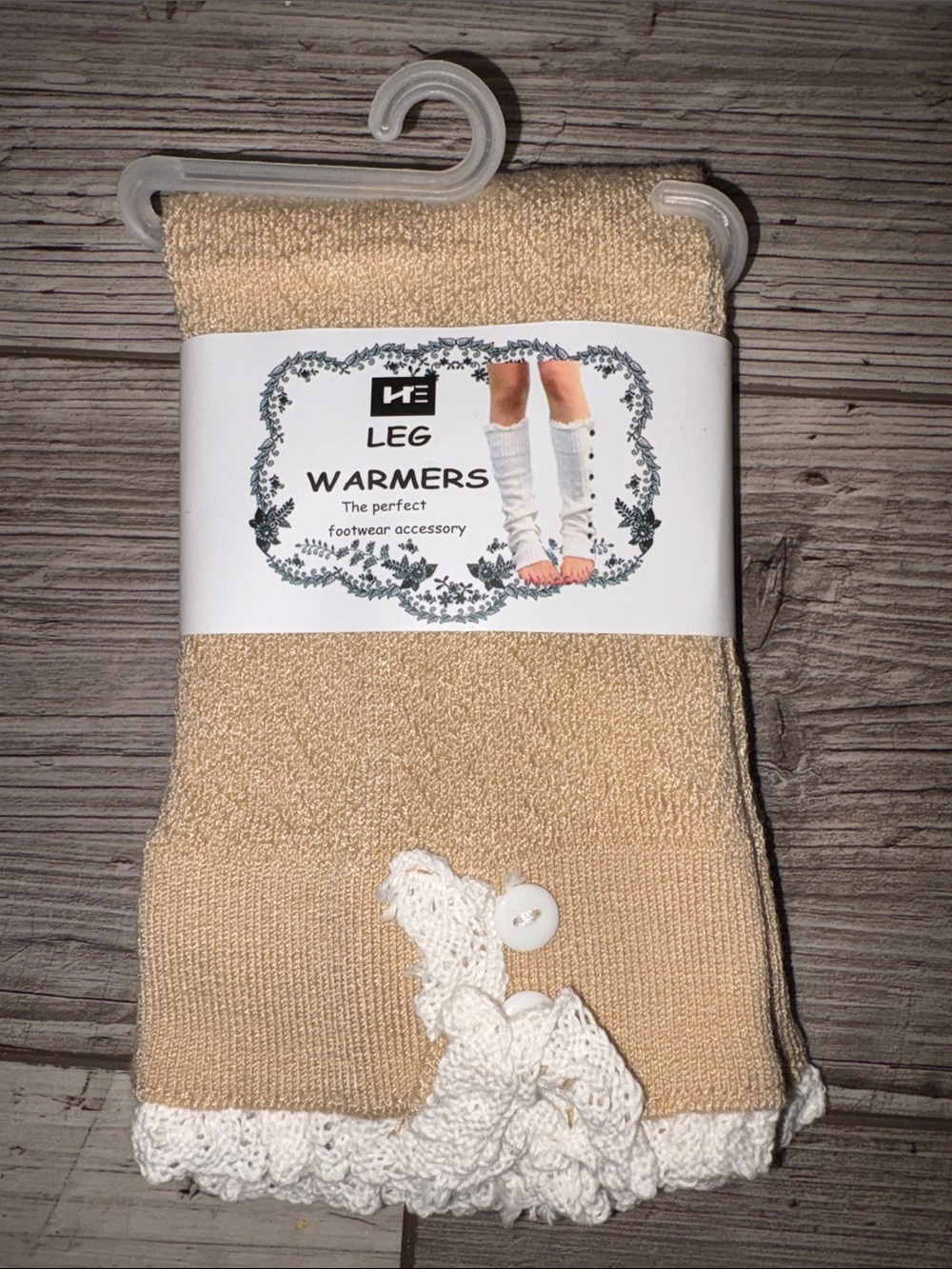 Leg Warmers - Beige with white Crochet trim